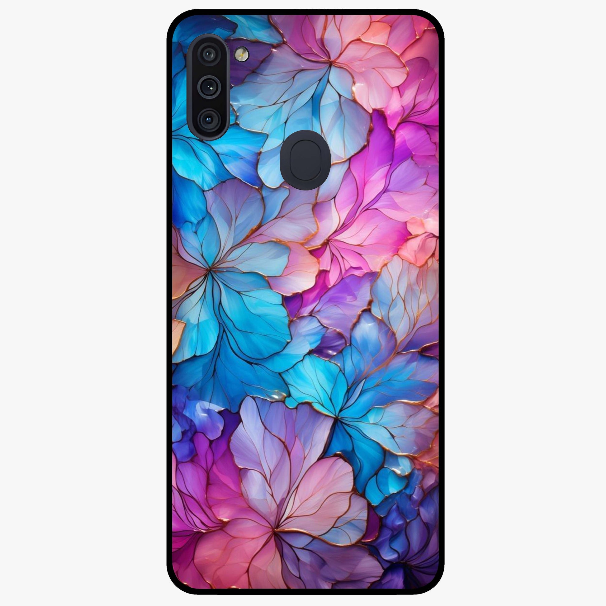 Radiant Floral Whirl Glass Case showing flat back view with swirling floral artwork and glossy glass finish.