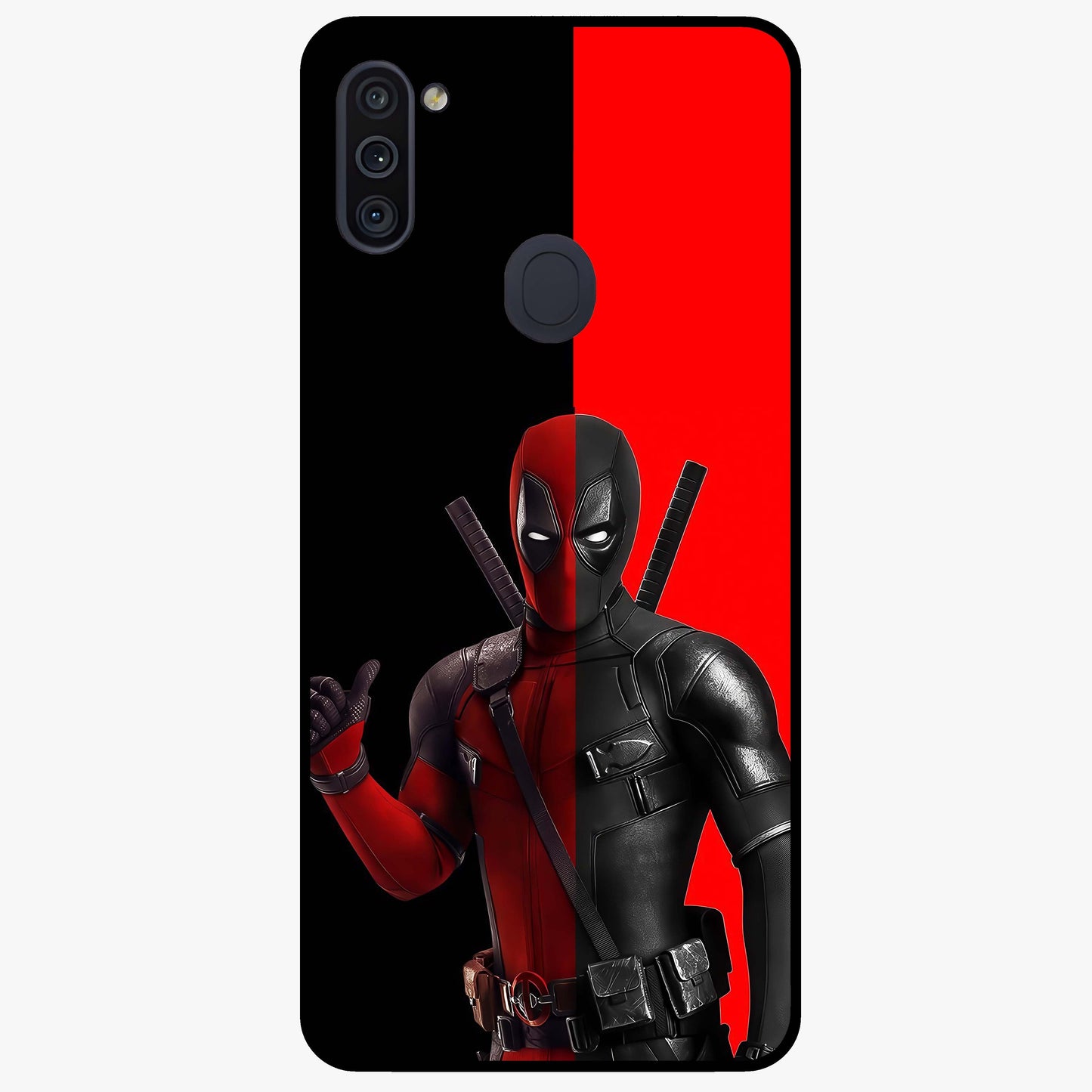 Red & Black Deadpool Theme Glass Case showing flat back view with bold comic inspired artwork and glossy glass finish.