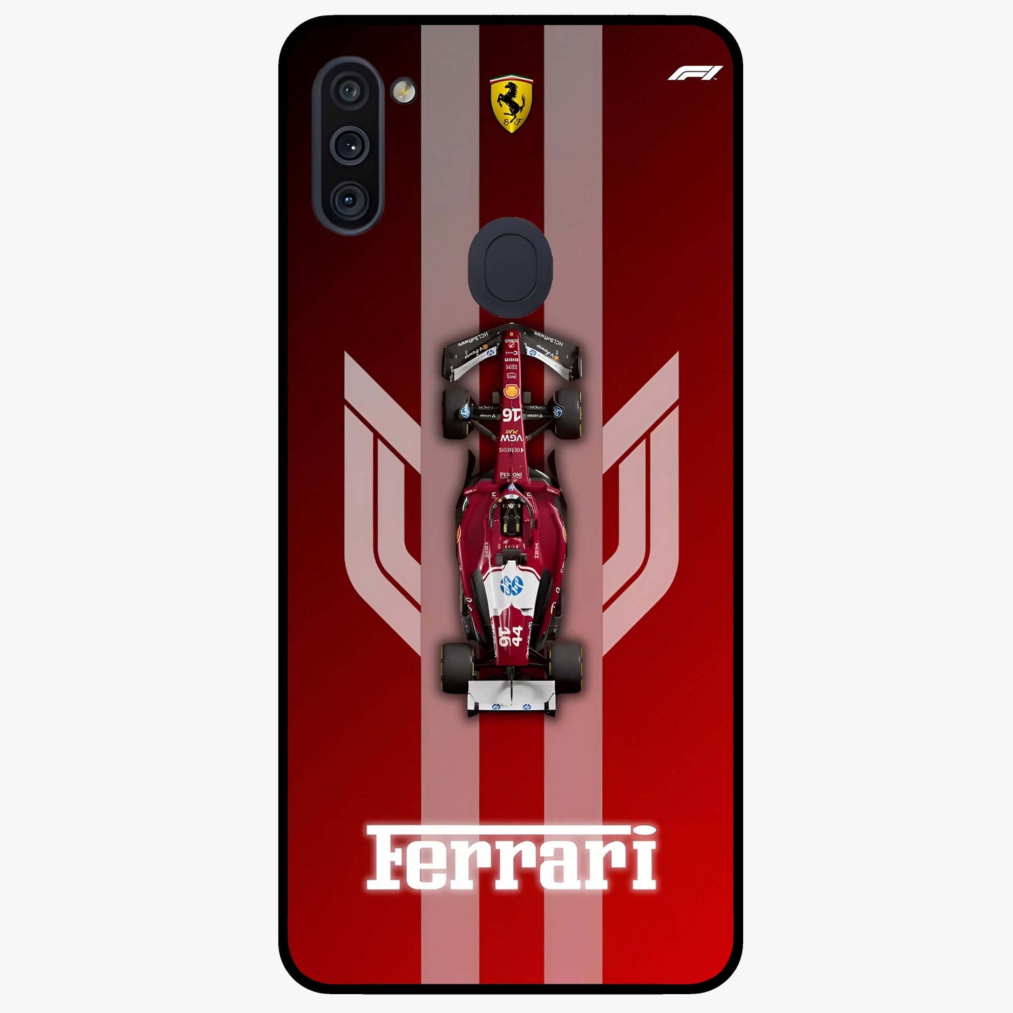 Red Ferrari F1 Vertical Glass Case showing flat back view with sleek Formula racing car artwork and glossy glass finish.