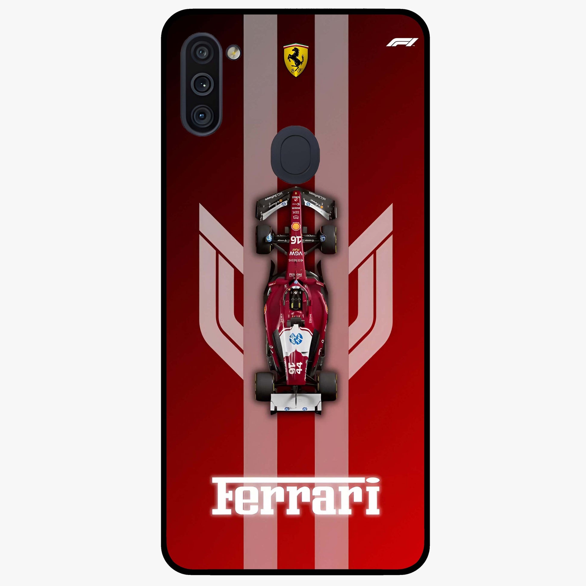 Red Ferrari F1 Vertical Glass Case showing flat back view with sleek Formula racing car artwork and glossy glass finish.