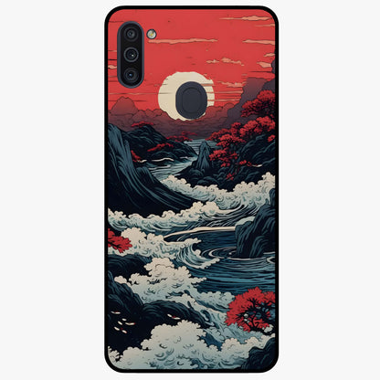 Red Sunset Scenery Glass Case showing flat back view with vibrant sunset landscape artwork and glossy glass finish.