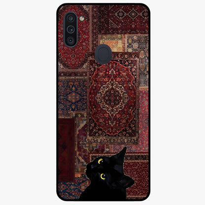 Regal Magic Cat Apple Glass Case showing flat back view with magical cat artwork holding apple and glossy glass finish.