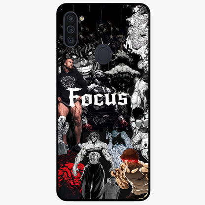 Relentless Power Focus Glass Case showing flat back view with motivational typography artwork and glossy glass finish.