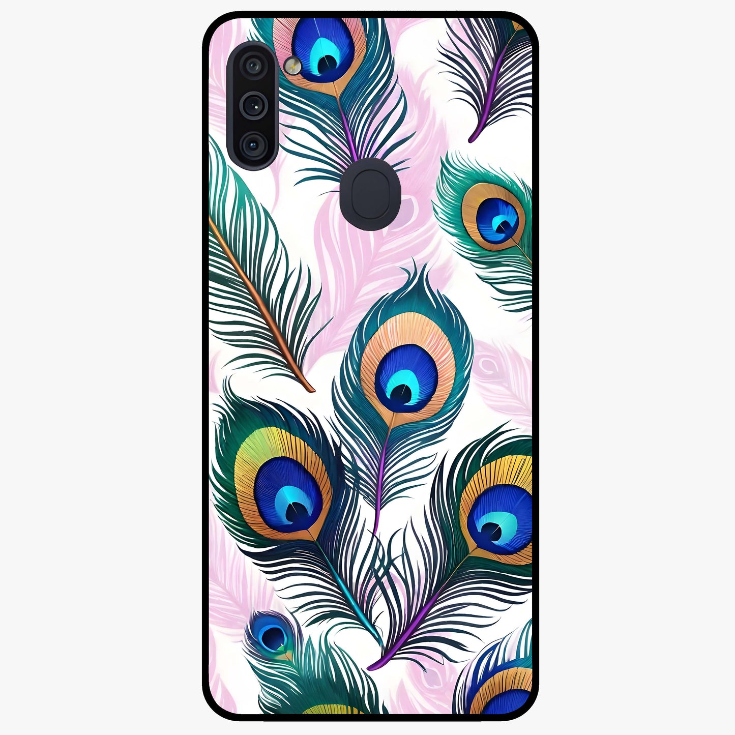 Royal Peacock Feathers Glass Case showing flat back view with colorful peacock feather artwork and glossy glass finish.