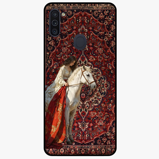 Royal Rider Tapestry Glass Case showing flat back view with majestic horse rider tapestry artwork and glossy glass finish.