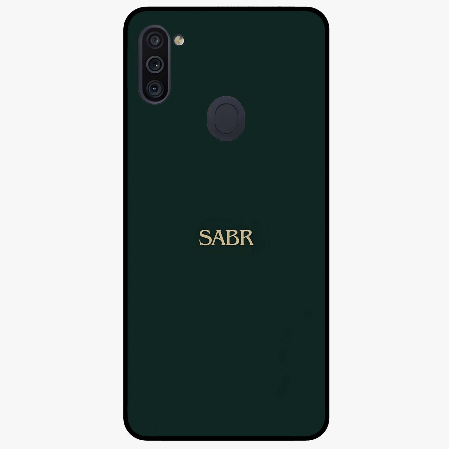 Sabr Minimal Patience Glass Case showing flat back view with minimalist typography artwork and glossy glass finish.