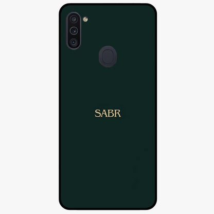 Sabr Minimal Patience Glass Case showing flat back view with minimalist typography artwork and glossy glass finish.
