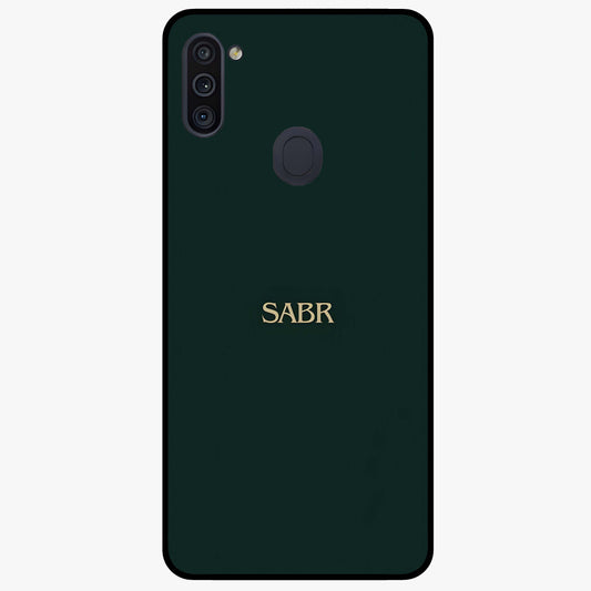 Sabr Minimal Patience Glass Case showing flat back view with minimalist typography artwork and glossy glass finish.