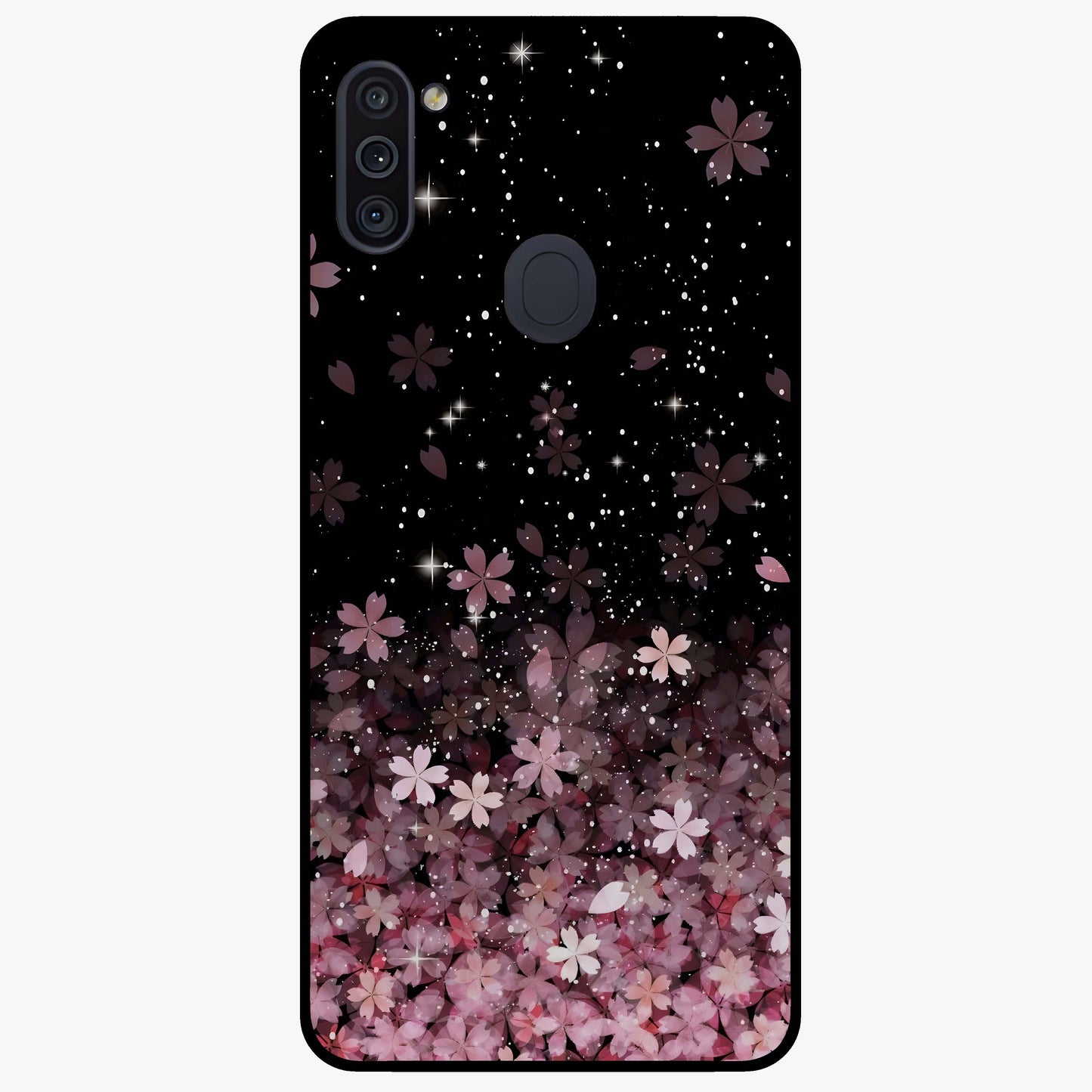 Small Starry Flowers Glass Case showing flat back view with delicate starry floral artwork and glossy glass finish.