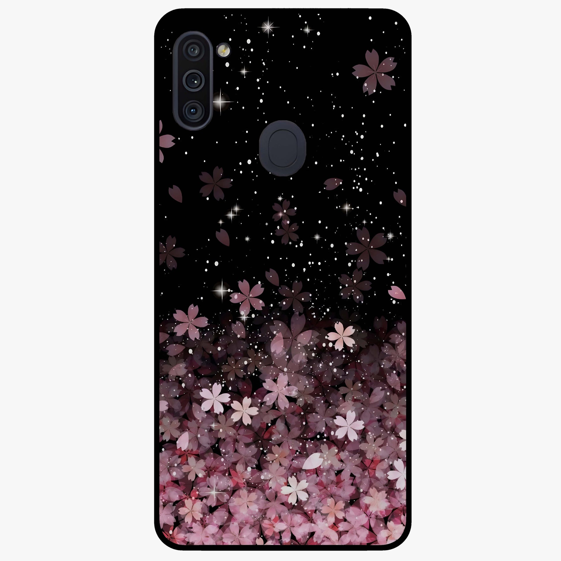 Small Starry Flowers Glass Case showing flat back view with delicate starry floral artwork and glossy glass finish.