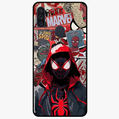 Spider Collage Street Glass Case showing flat back view with vibrant superhero collage artwork and glossy glass finish.