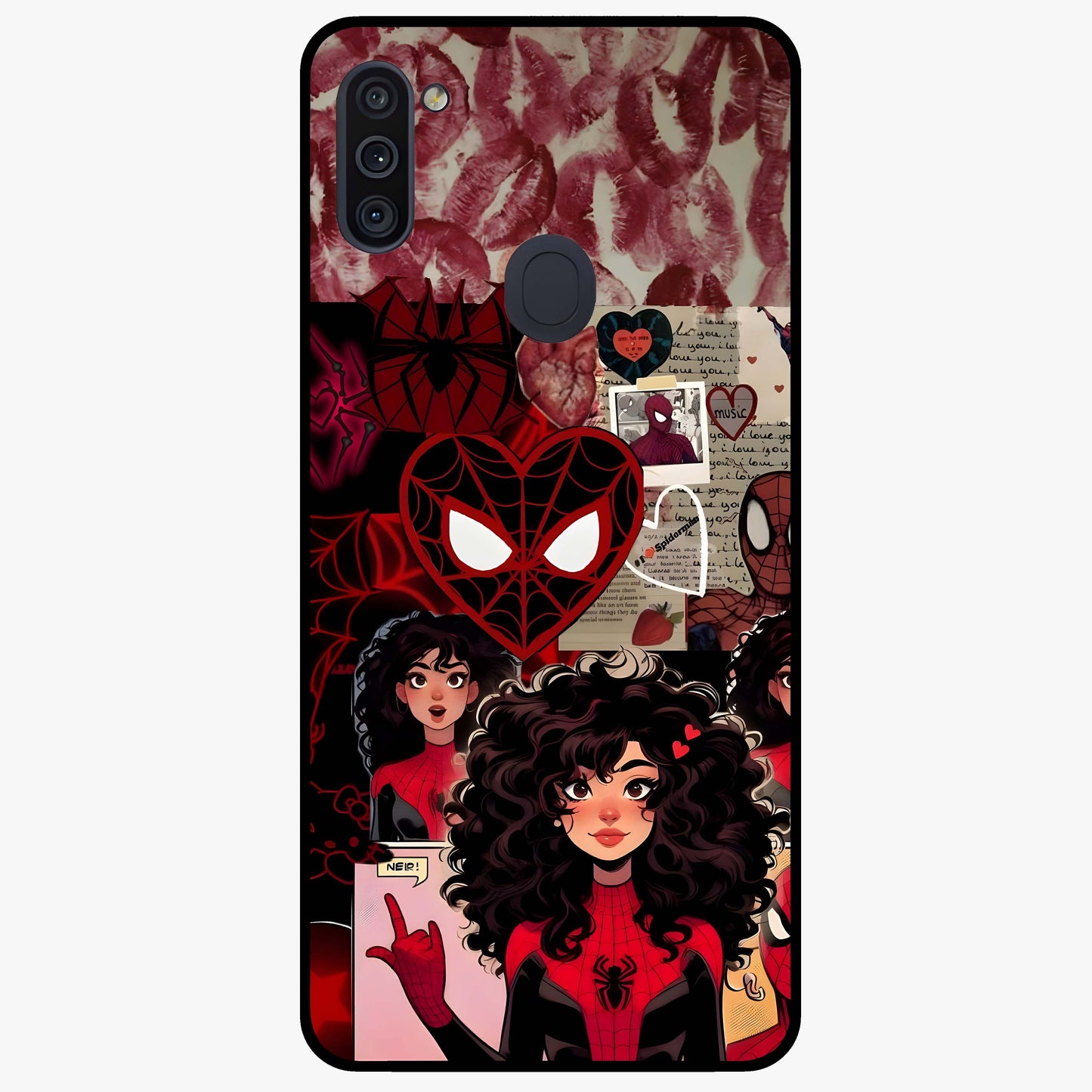 Spider Love Story Glass Case showing flat back view with romantic superhero themed artwork and glossy glass finish.