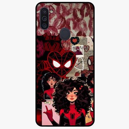 Spider Love Story Glass Case showing flat back view with romantic superhero themed artwork and glossy glass finish.