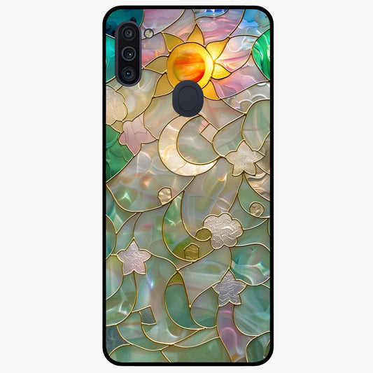 Stained Sunrise Glow Glass Case showing flat back view with glowing sunrise stained pattern artwork and glossy glass finish.