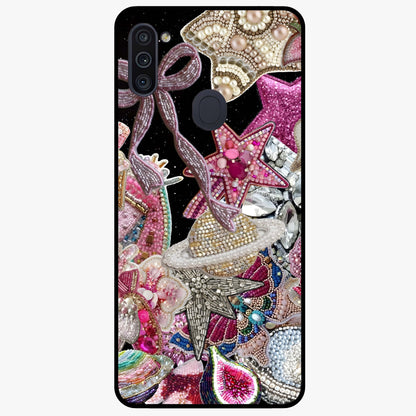 Starlit Jewel Dream Glass Case showing flat back view with sparkling jewel and star themed artwork and glossy glass finish.