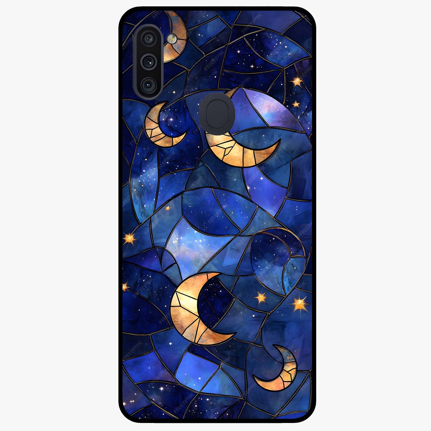 Starlit Sky Tapestry Glass Case showing flat back view with decorative starry sky tapestry artwork and glossy glass finish.