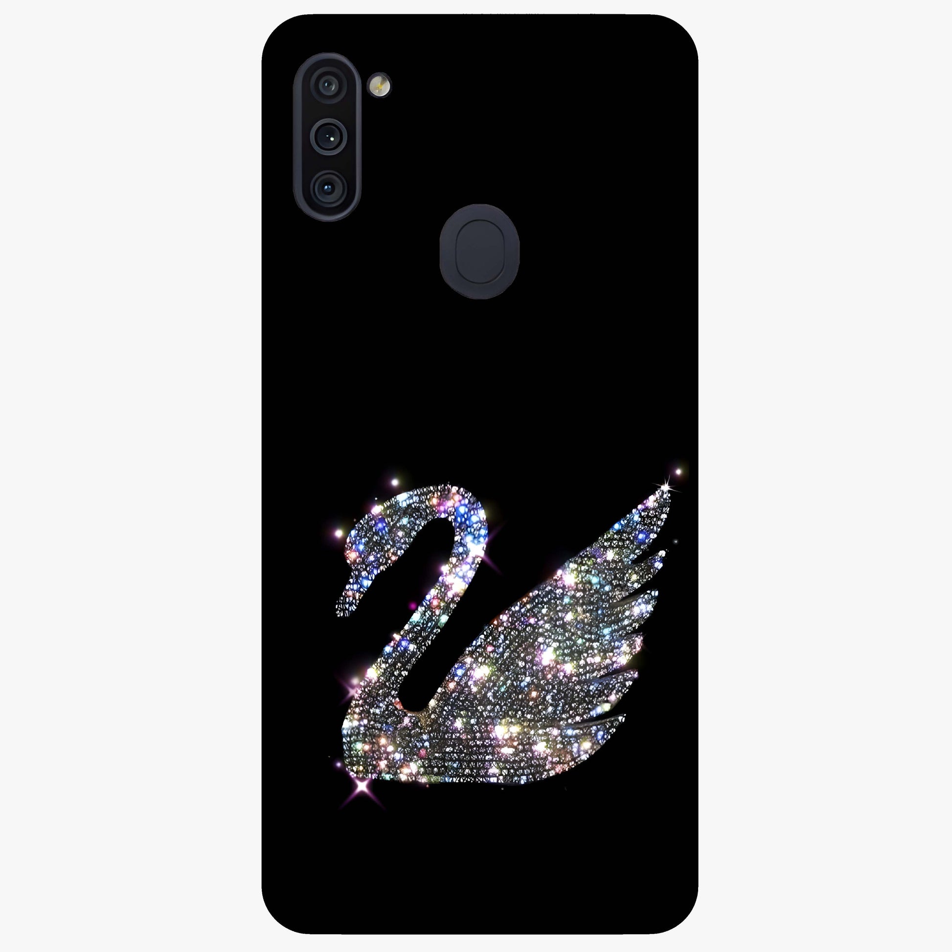 Starlit Swan Grace Glass Case showing flat back view with graceful swan artwork under starry sky and glossy glass finish.