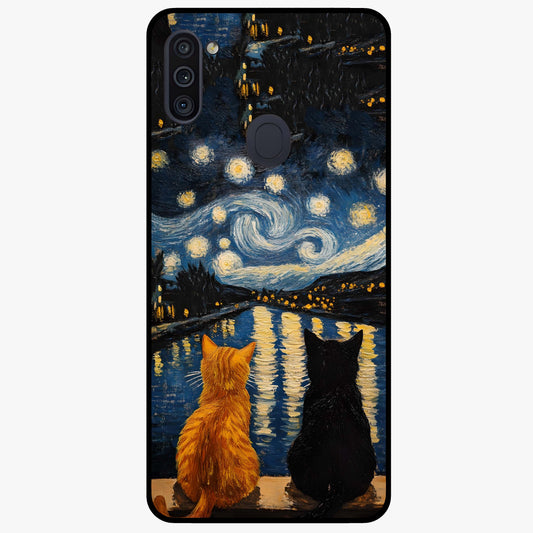Starry River Cats Glass Case showing flat back view with cats by a starry river artwork and glossy glass finish.