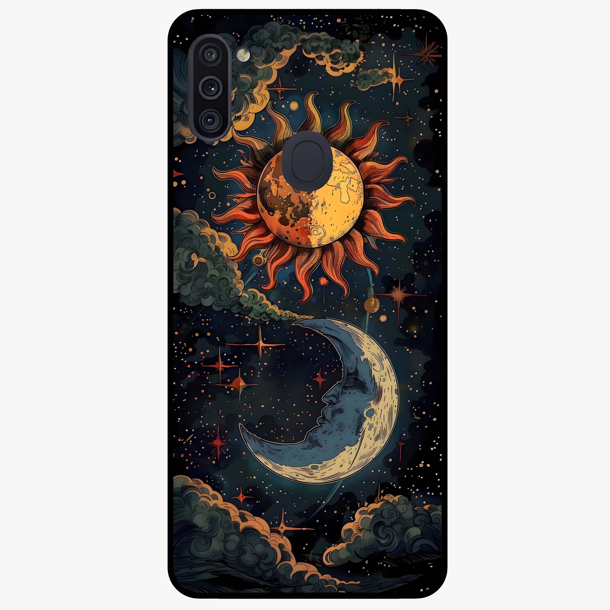 Sun And Moon Magic Design Glass Case showing flat back view with mystical sun and moon artwork and glossy glass finish.