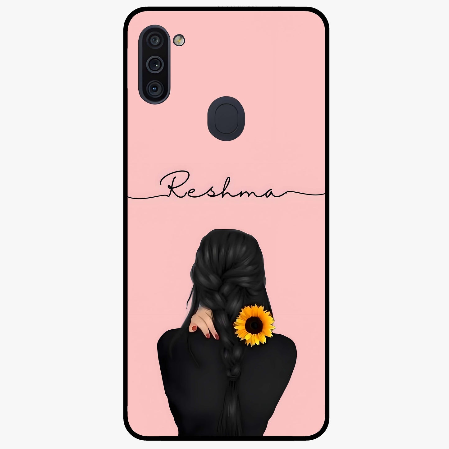 Sunflower Braid Beauty With Custom Name Glass Case showing flat back view with sunflower braid artwork and personalized name design.