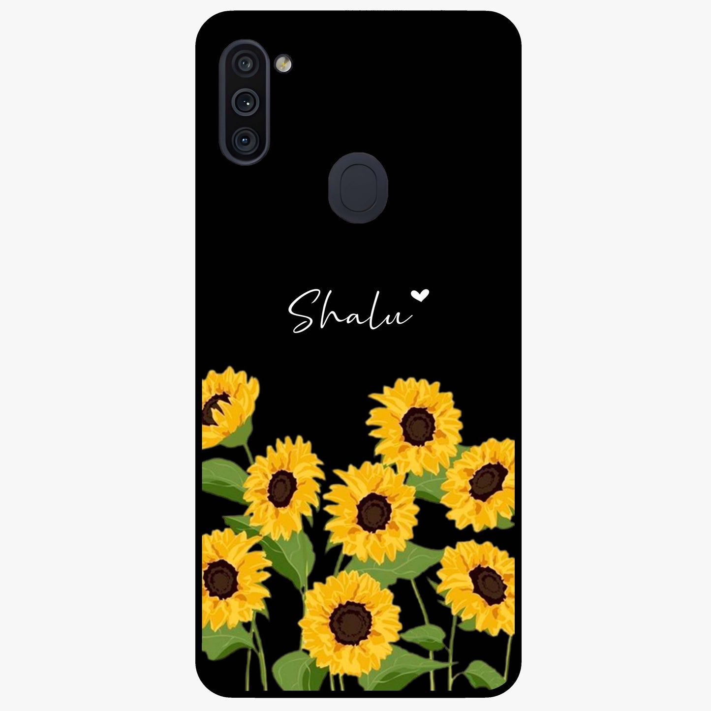 Sunflower Chic Mood Custom Name Glass Case showing flat back view with stylish sunflower artwork and personalized name design.