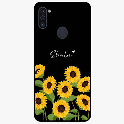 Sunflower Chic Mood Custom Name Glass Case showing flat back view with stylish sunflower artwork and personalized name design.