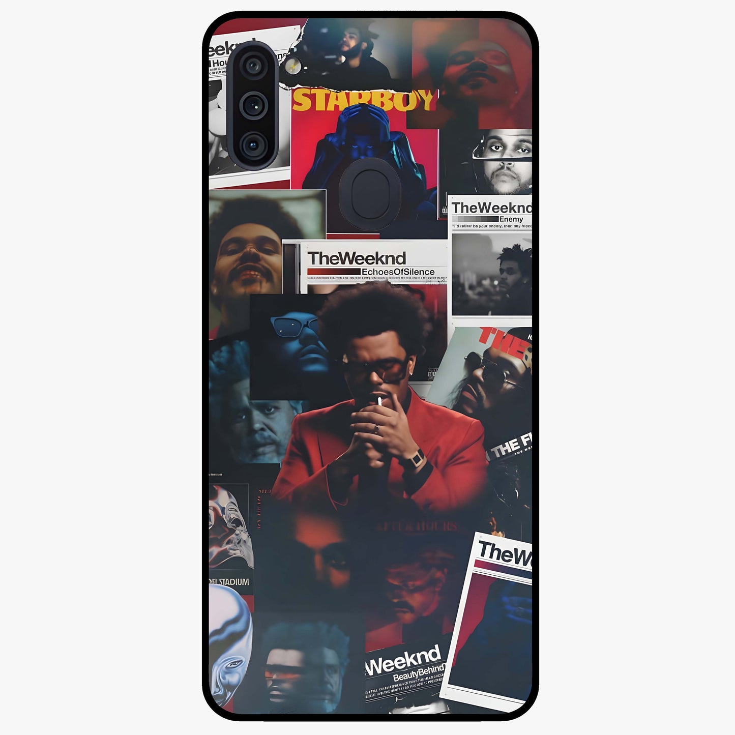 The Weeknd Glass Case showing flat back view with music inspired artistic portrait artwork and glossy glass finish.