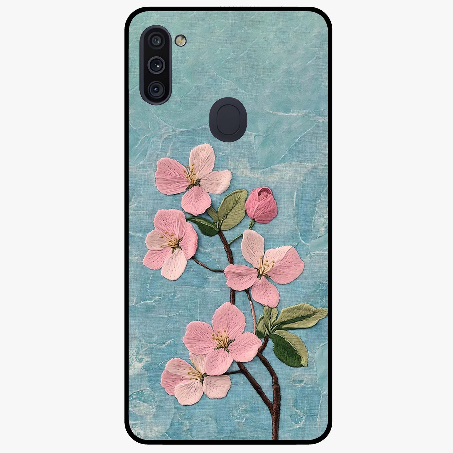 Threaded Blossom Breeze Glass Case showing flat back view with delicate blossom artwork and glossy glass finish.