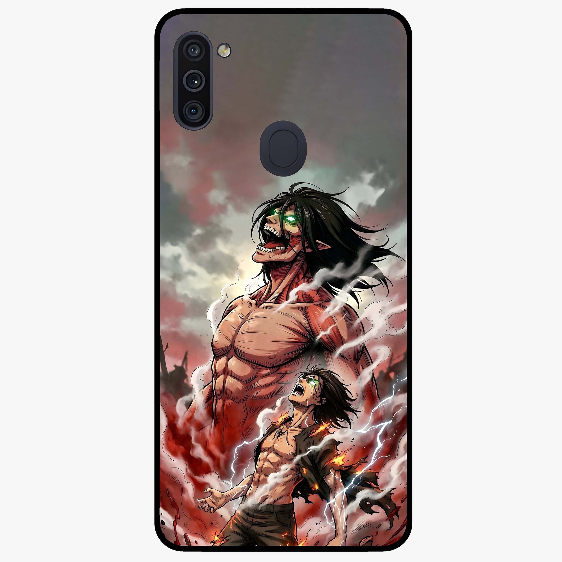 Titan Awakening Fury Glass Case showing flat back view with powerful titan inspired artwork and glossy glass finish.