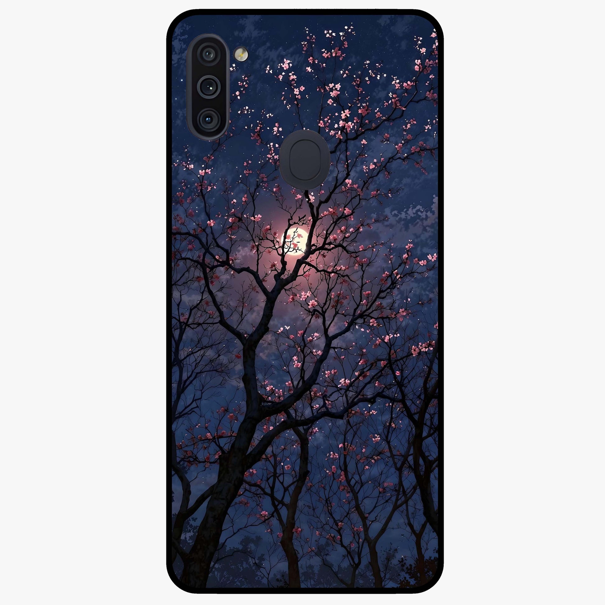 Twilight Sakura Serenade Glass Case showing flat back view with cherry blossom artwork at twilight and glossy glass finish.