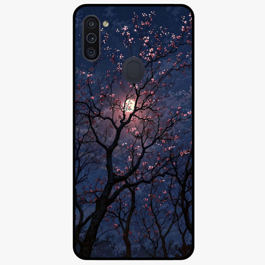 Twilight Sakura Serenade Glass Case showing flat back view with cherry blossom artwork at twilight and glossy glass finish.