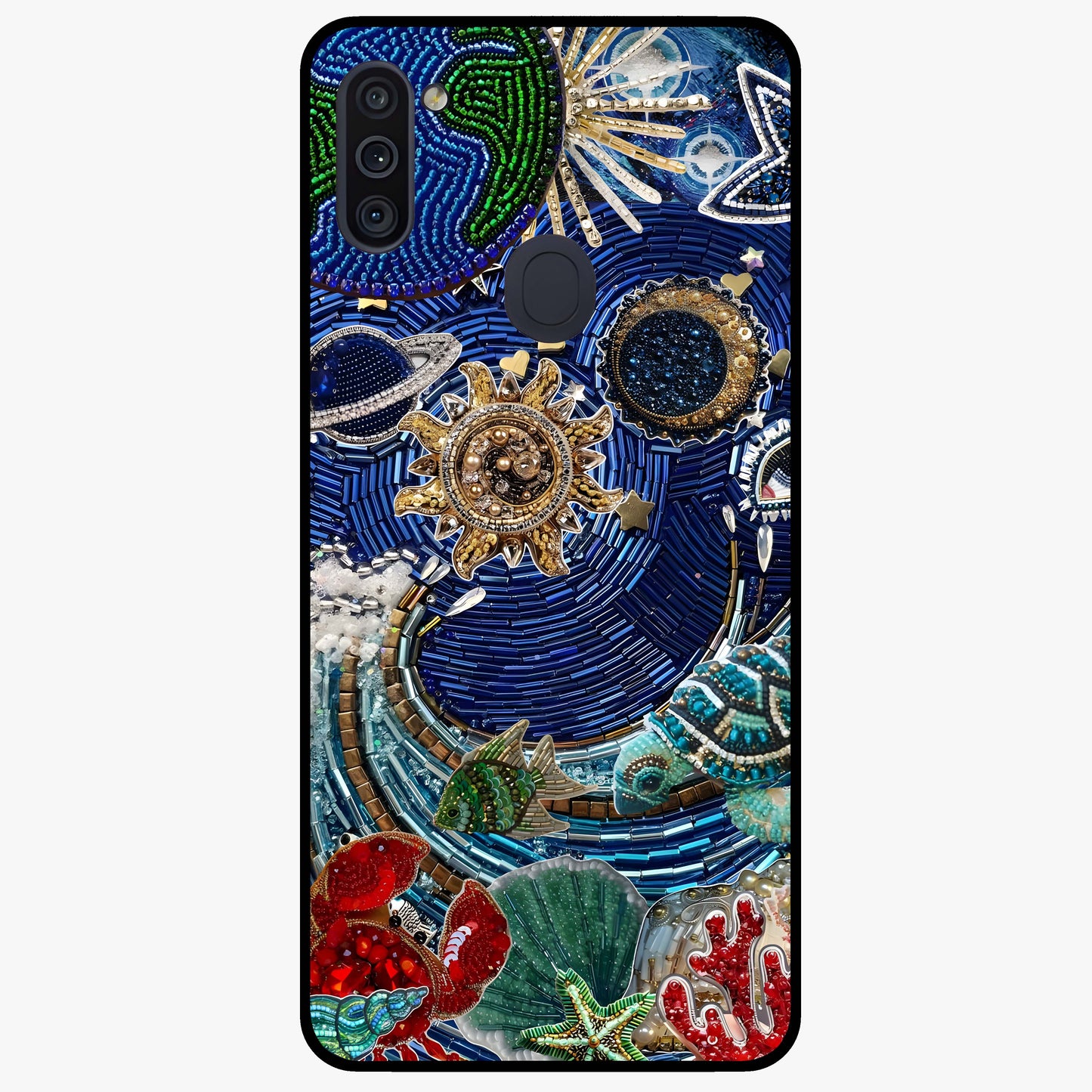 Universe Underwater Spark Glass Case showing flat back view with cosmic underwater themed artwork and glossy glass finish.