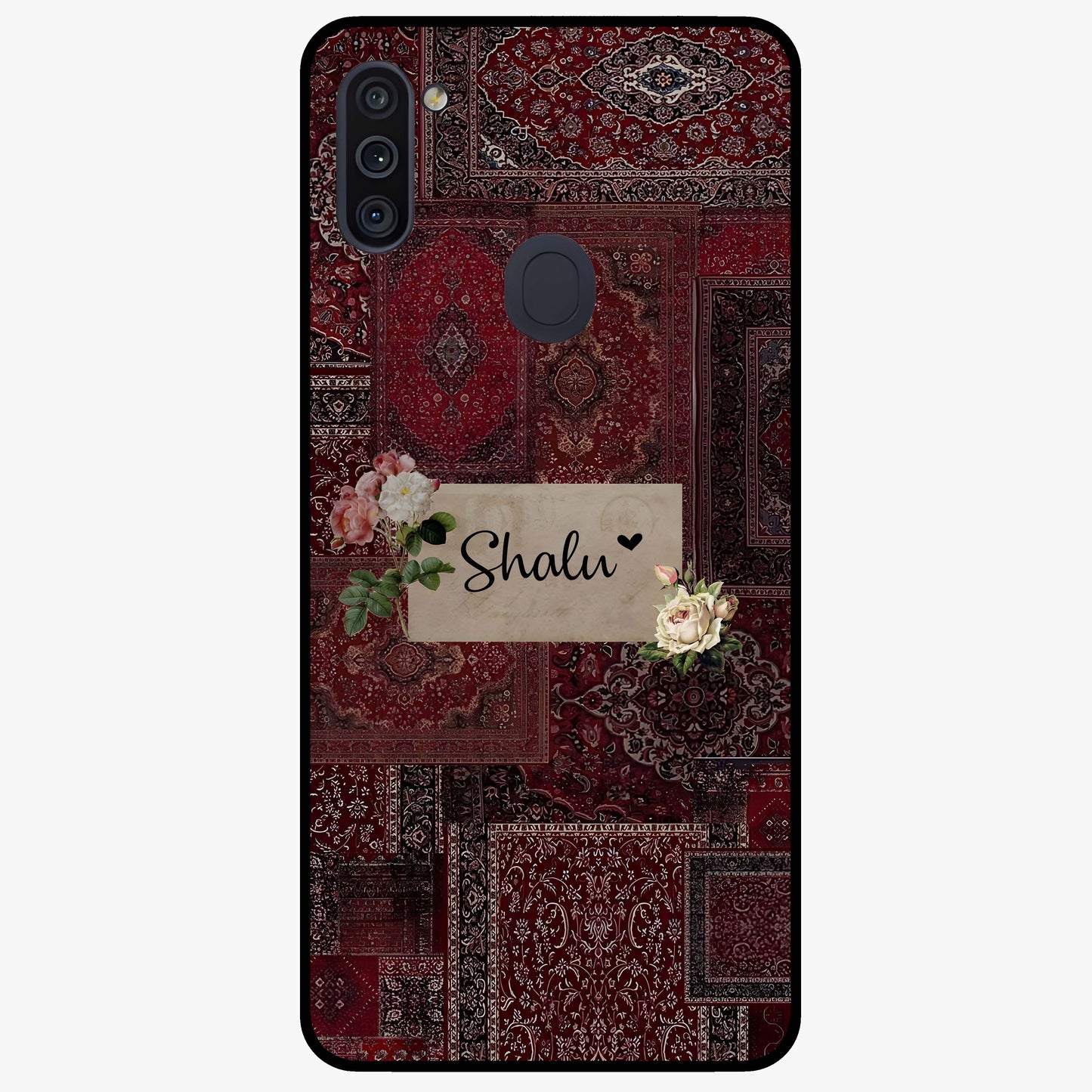 Velvet Wine Pattern Custom Name Glass Case showing flat back view with elegant wine colored pattern artwork and personalized name design.