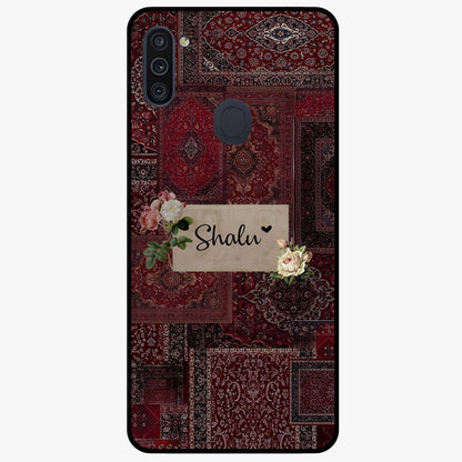 Velvet Wine Pattern Custom Name Glass Case showing flat back view with elegant wine colored pattern artwork and personalized name design.