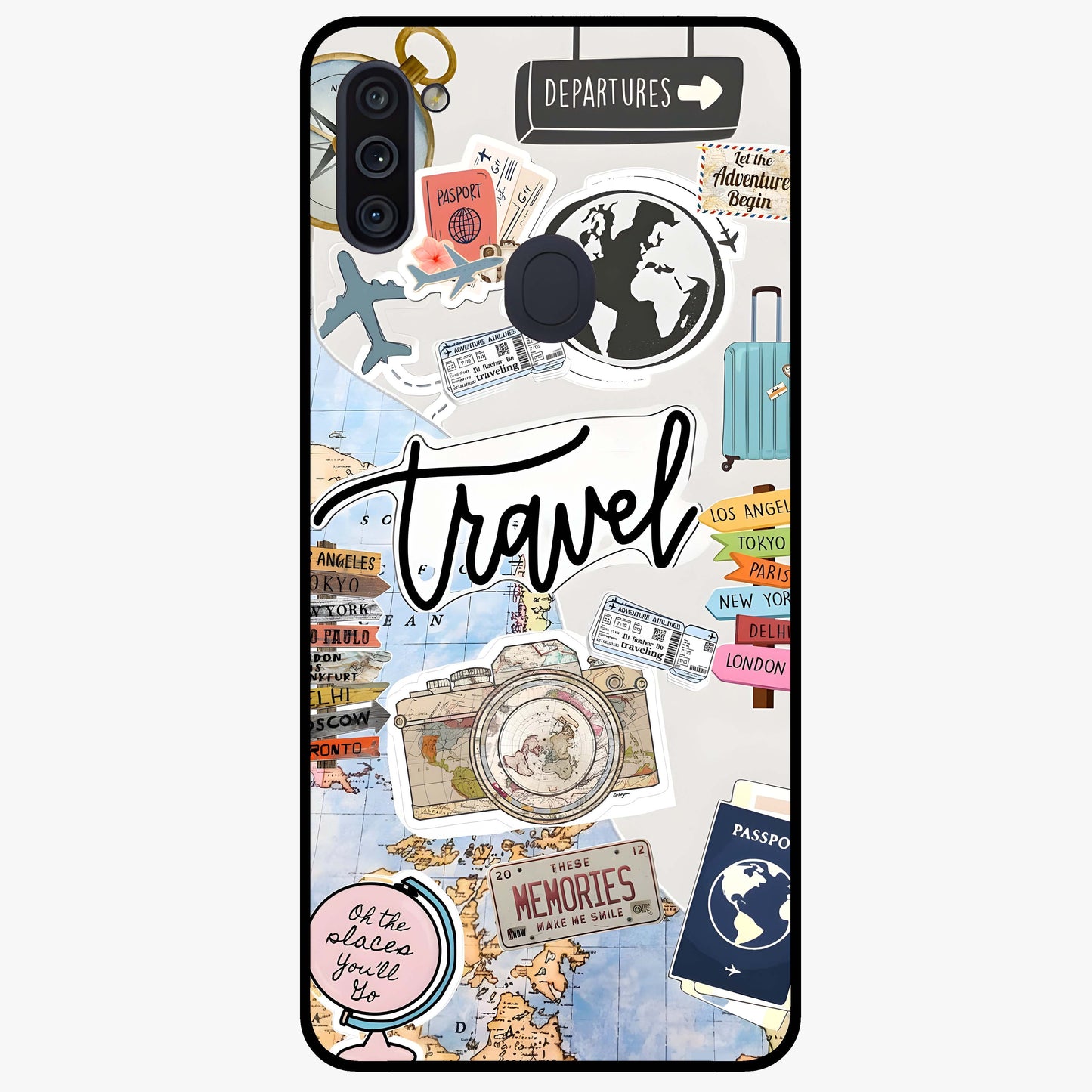Wanderlust Journal Glass Case showing flat back view with travel inspired artwork and glossy glass finish.