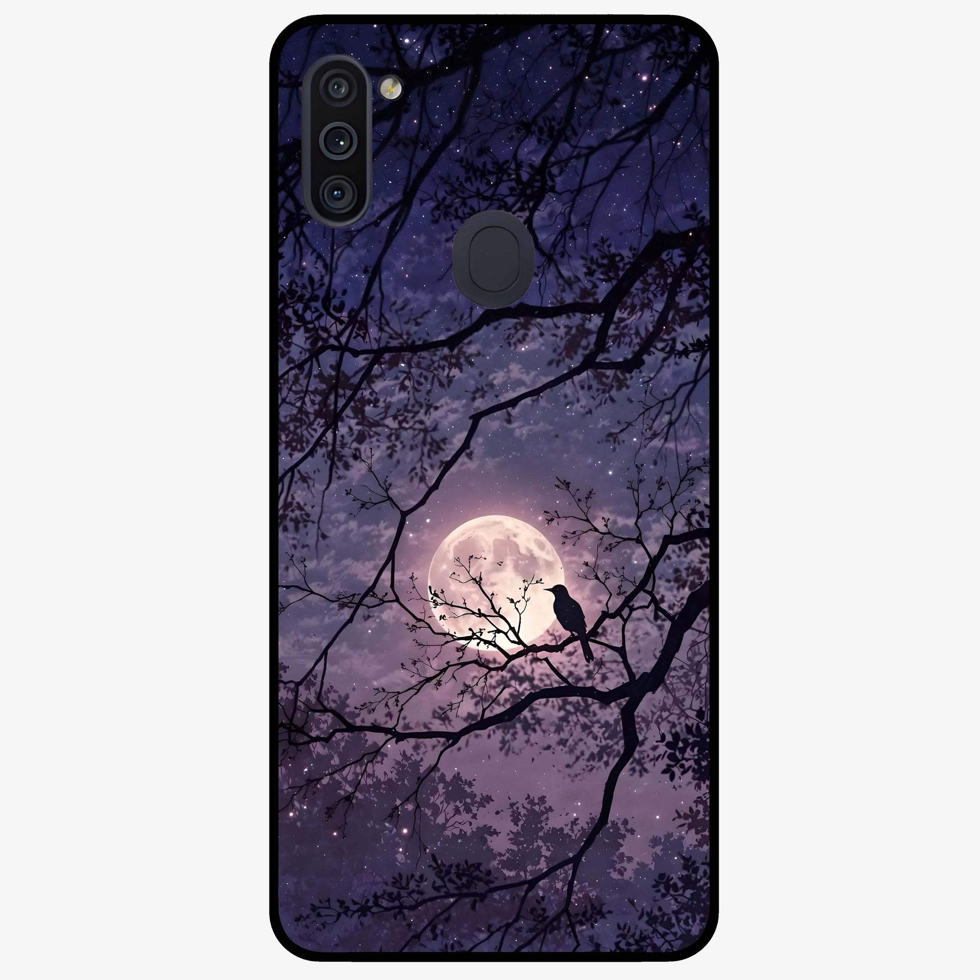 Whispering Moon Silence Glass Case showing flat back view with serene moon themed artwork and glossy glass finish.