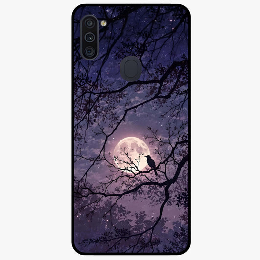 Whispering Moon Silence Glass Case showing flat back view with serene moon themed artwork and glossy glass finish.