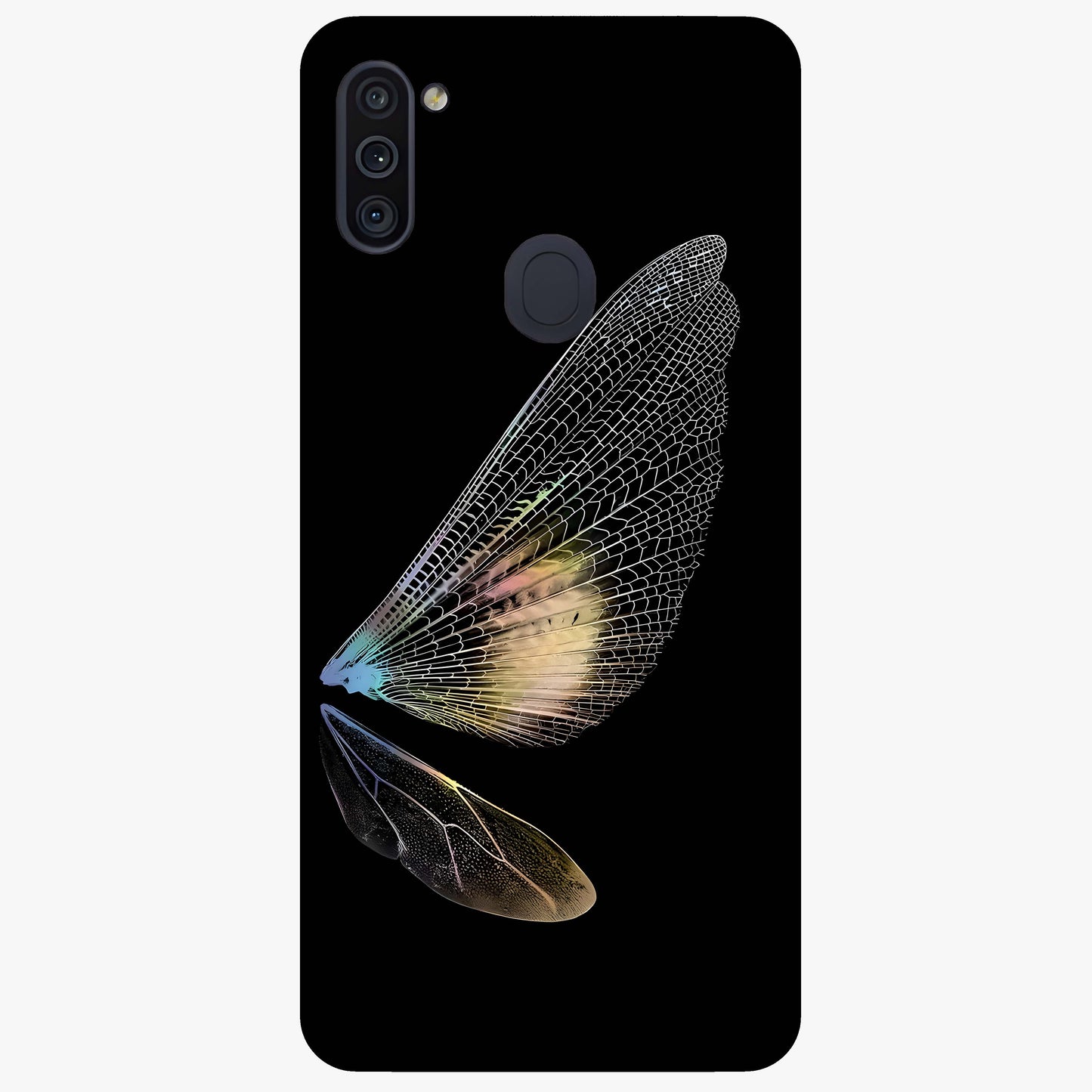 Whispers Of Wings Glass Case showing flat back view with graceful wing inspired artwork and glossy glass finish.