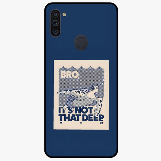 Worry Less Swim Glass Case showing flat back view with playful motivational artwork and glossy glass finish.