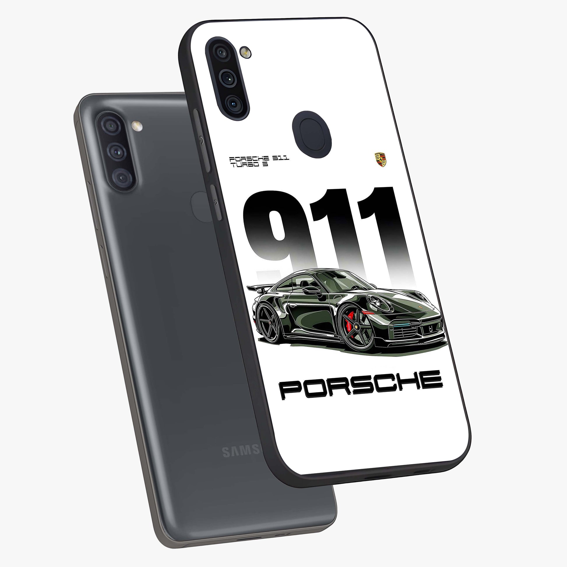 911 Turbo Dominance Glass Case displayed in premium angled mockup highlighting sporty car illustration and sleek glass surface.
