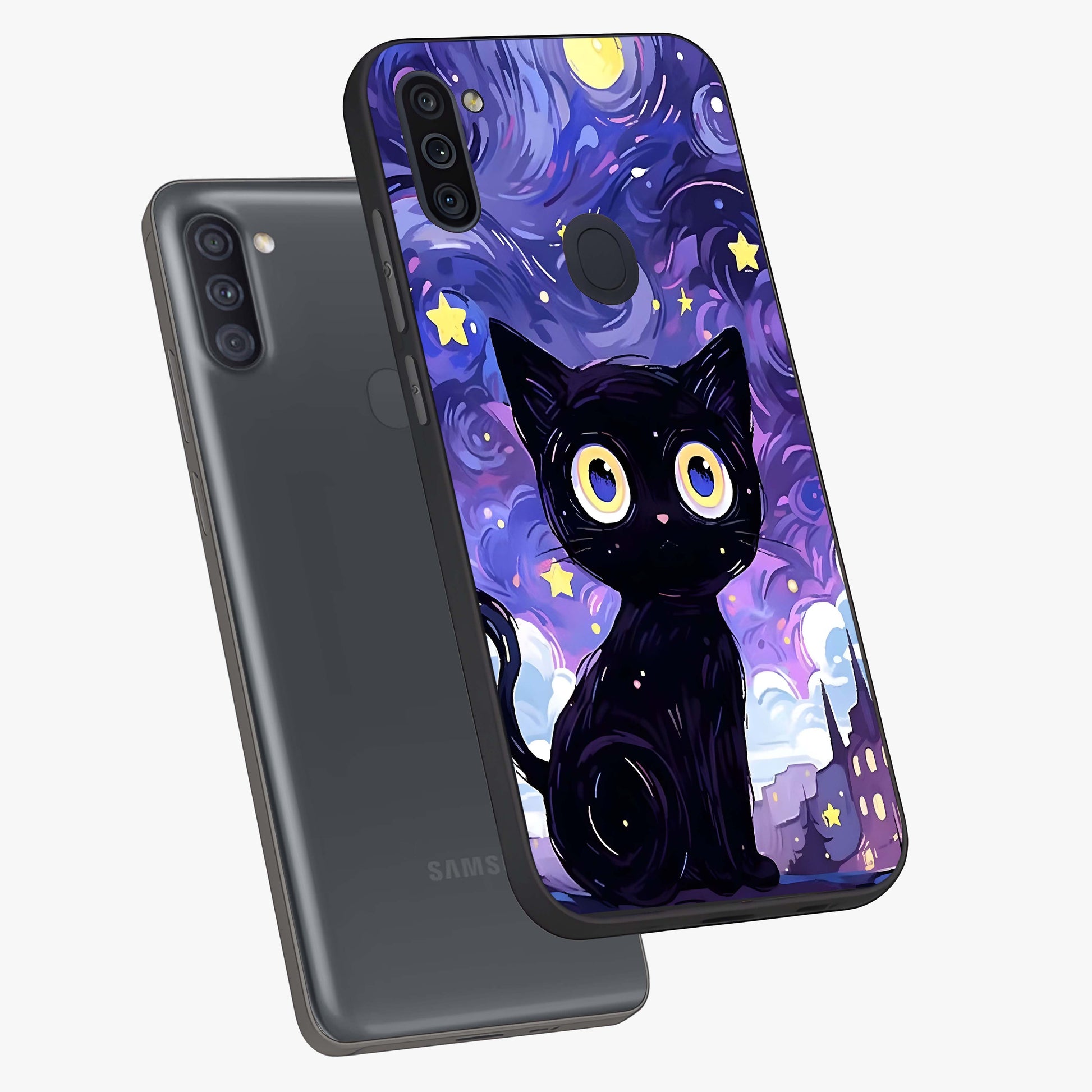 Abstract Cat Art Glass Case displayed in angled mockup highlighting modern abstract cat artwork and sleek glass surface.
