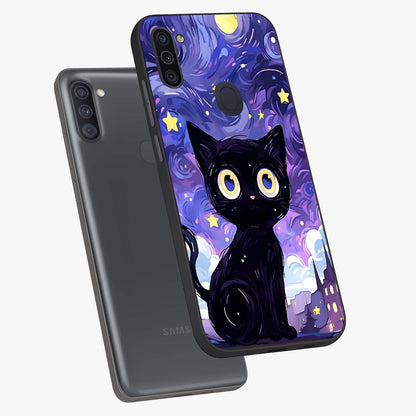 Abstract Cat Art Glass Case displayed in angled mockup highlighting modern abstract cat artwork and sleek glass surface.