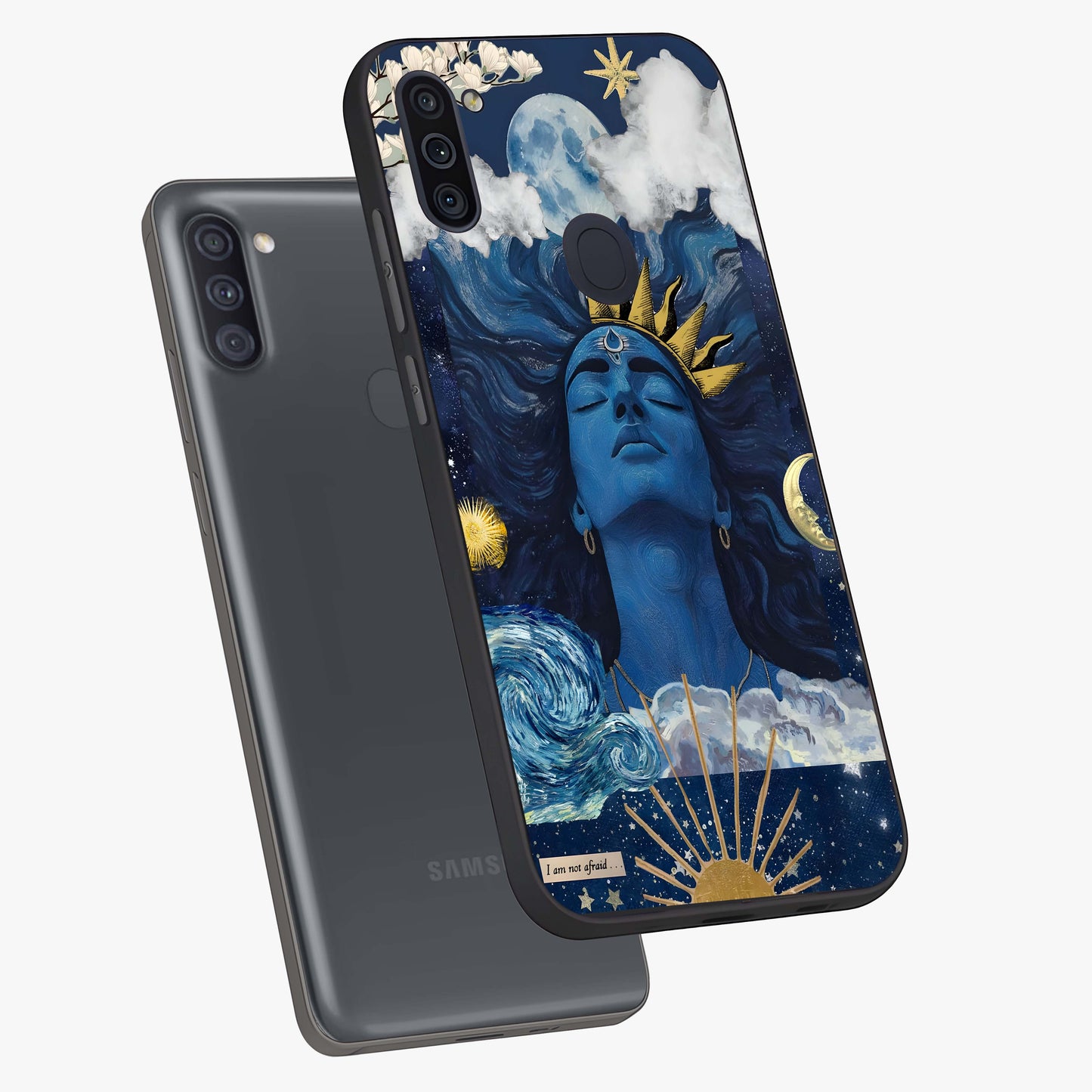 Aesthetic Lord Shiva Glass Case displayed in angled mockup highlighting spiritual Shiva illustration and sacred aesthetic design.