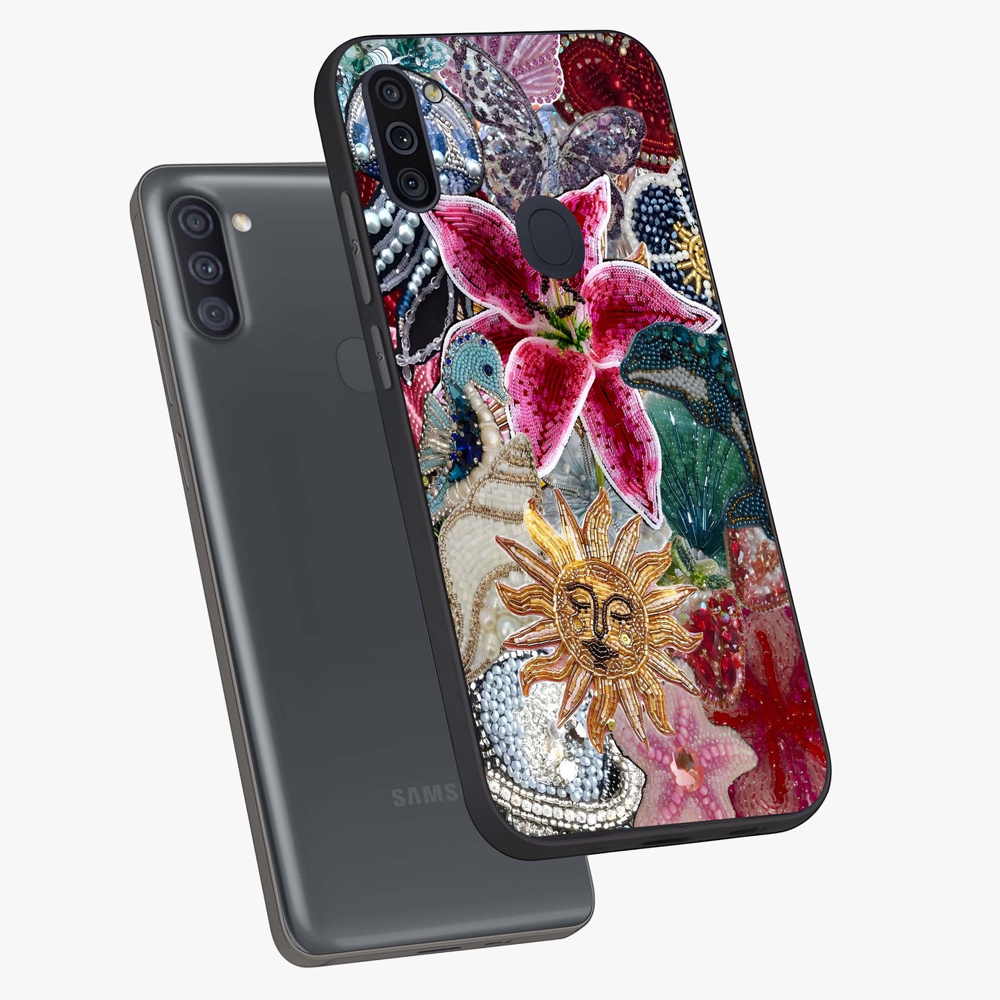 Beaded Garden Fantasy Glass Case displayed in angled mockup highlighting fantasy inspired floral bead pattern.