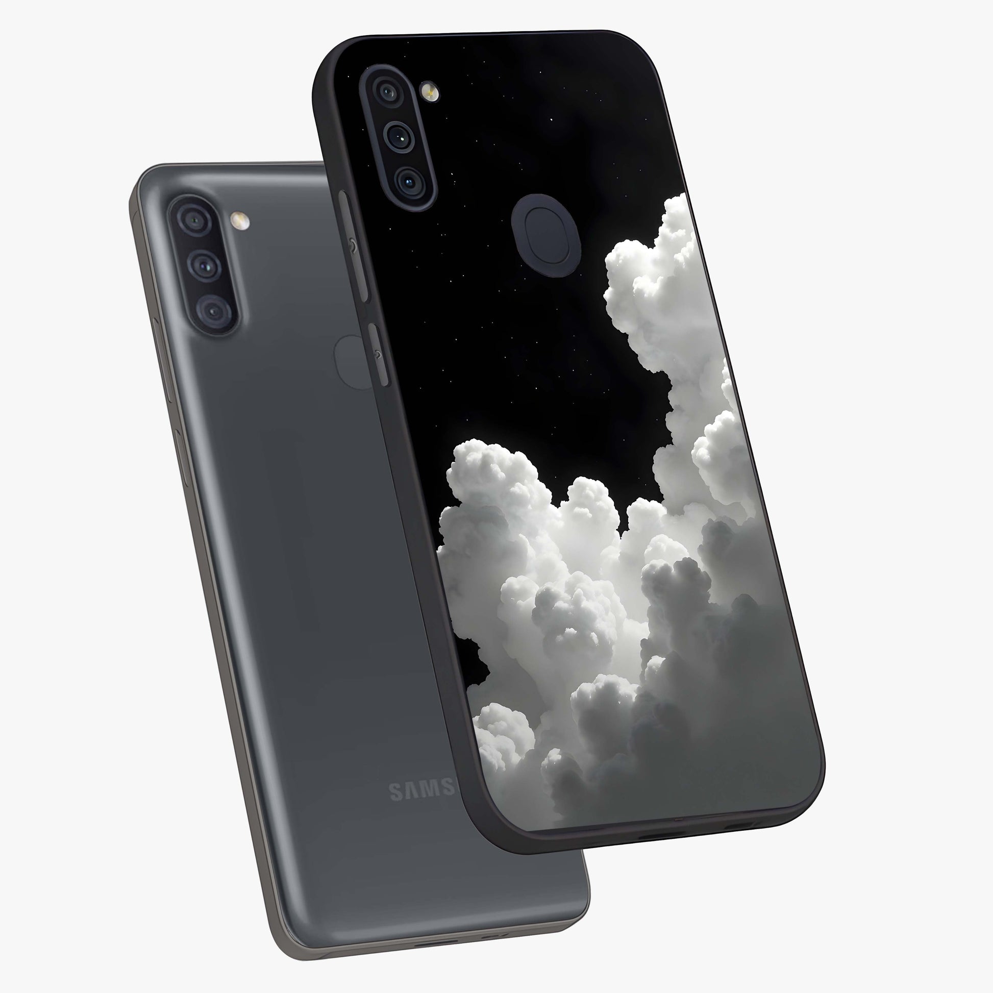 Black Background With White Cloud Glass Case displayed in angled mockup highlighting soft white cloud illustration and minimal design.