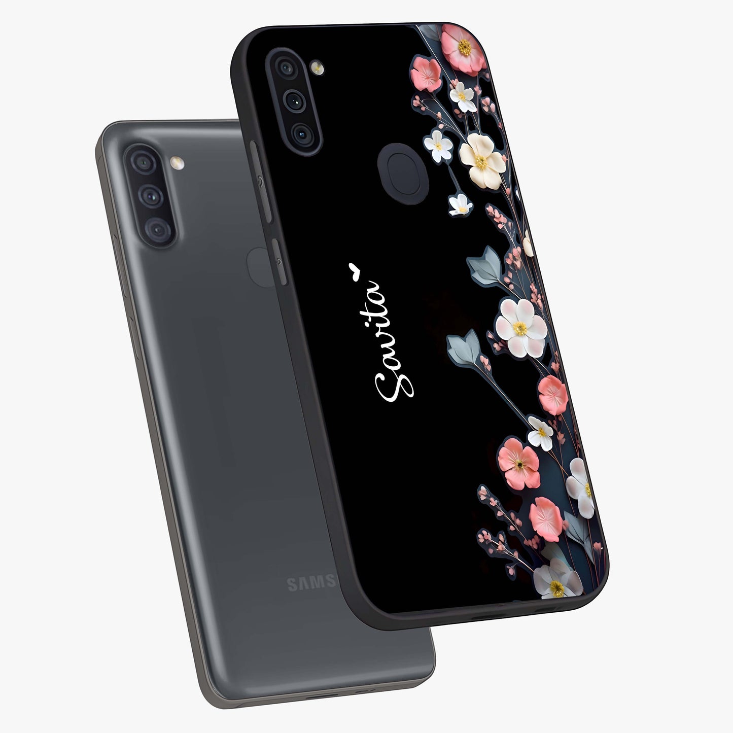 Black Elegance Floral Custom Name Glass Case displayed in angled mockup highlighting dark floral aesthetic and custom name feature.