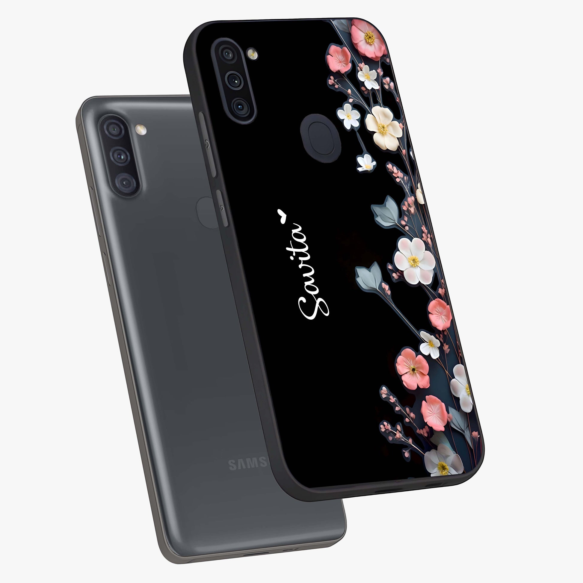 Black Elegance Floral Custom Name Glass Case displayed in angled mockup highlighting dark floral aesthetic and custom name feature.