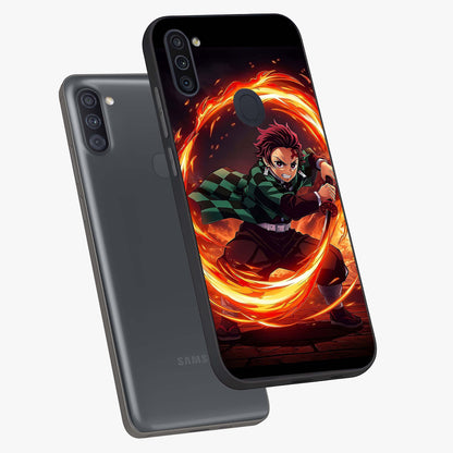 Blazing Sword Resolve Glass Case displayed in angled mockup highlighting powerful sword illustration and bold fantasy theme.