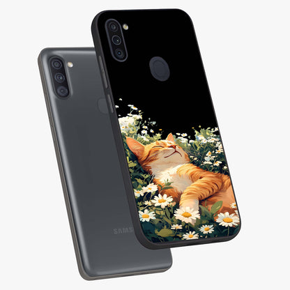 Blissful Bloom Cat Glass Case displayed in angled mockup highlighting playful feline illustration with soft floral aesthetic.