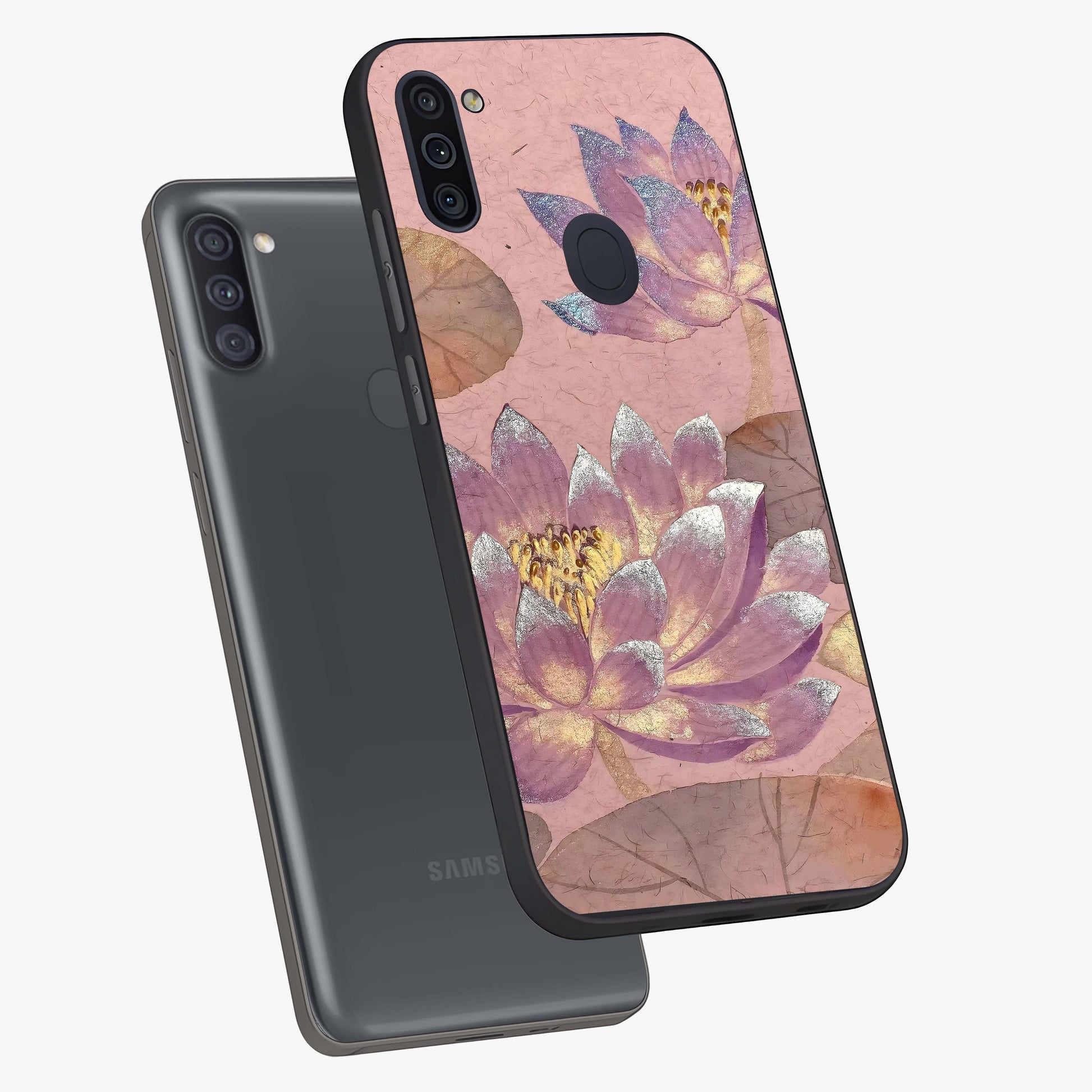 Blossom Mist Lotus Glass Case displayed in angled mockup highlighting delicate lotus illustration with calm aesthetic theme.